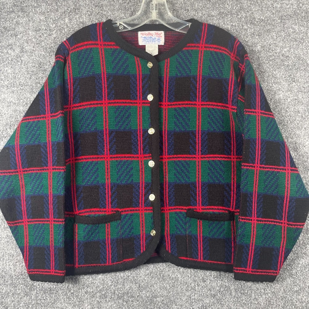 Vintage Tally Ho Sweater Womens Large Green‎ Red Tartan Plaid Cardigan Pockets
